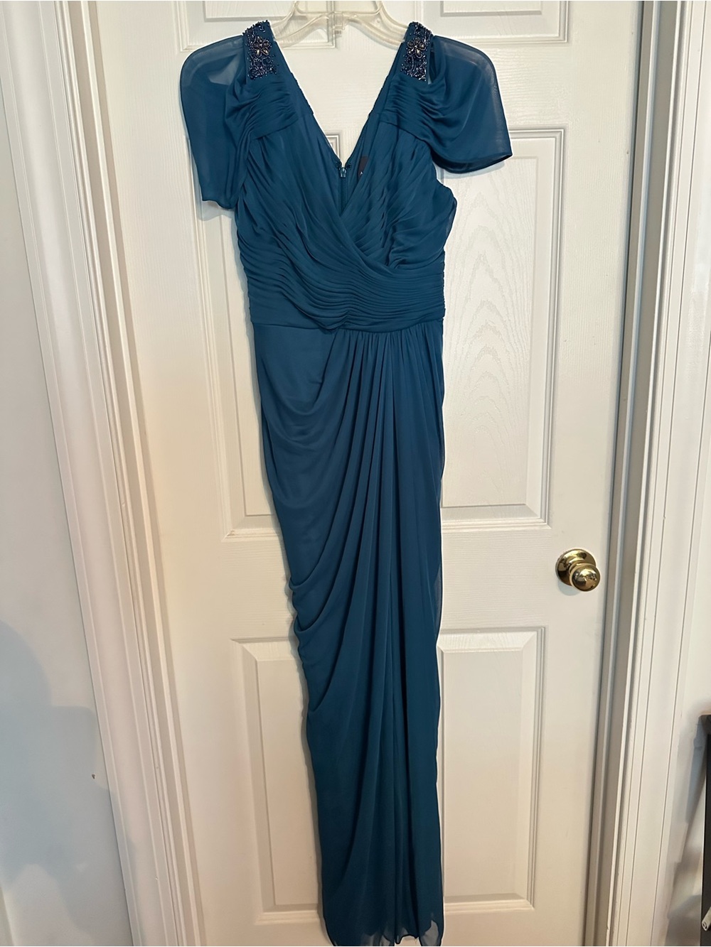 Adrianna Papell Teal Ruched V-Neck Maxi Dress with Beaded Shoulders